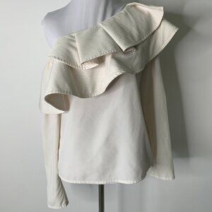 Mare Mare Gemma Women's White One Shoulder Ruffled Long Sleeve Blouse Size Small